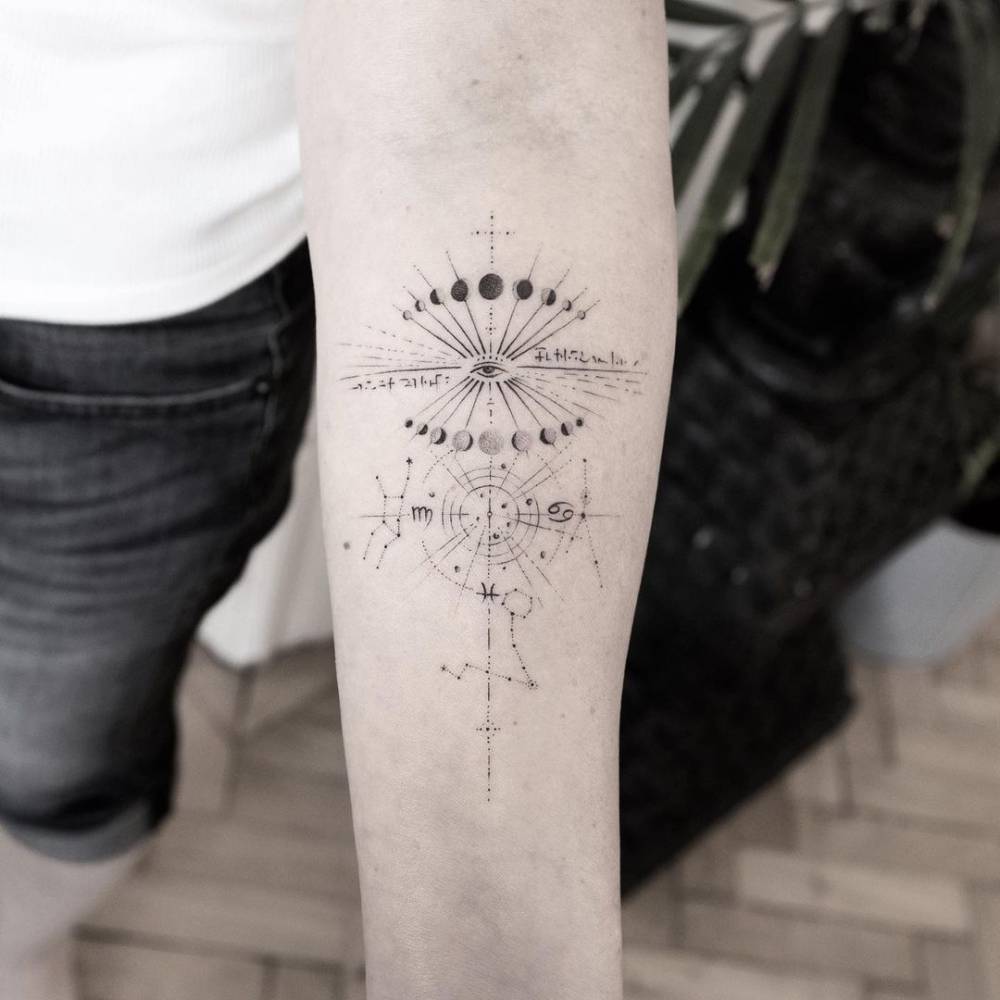 Fine Line Astrology Themed Tattoo On The Inner Forearm. 1000_x_1000_jpg