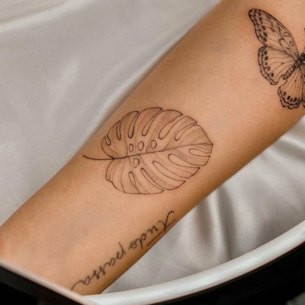 Tattoo Of A Monstera Leaf Placed On The Inner Forearm. 1000_x_1000_jpg