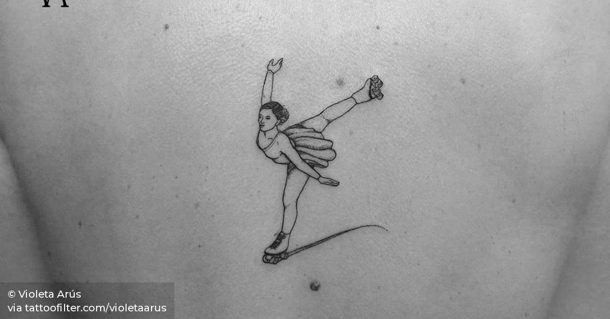 Fine Line Style Roller Skater Tattoo On The Back. 628_x_1200_jpg