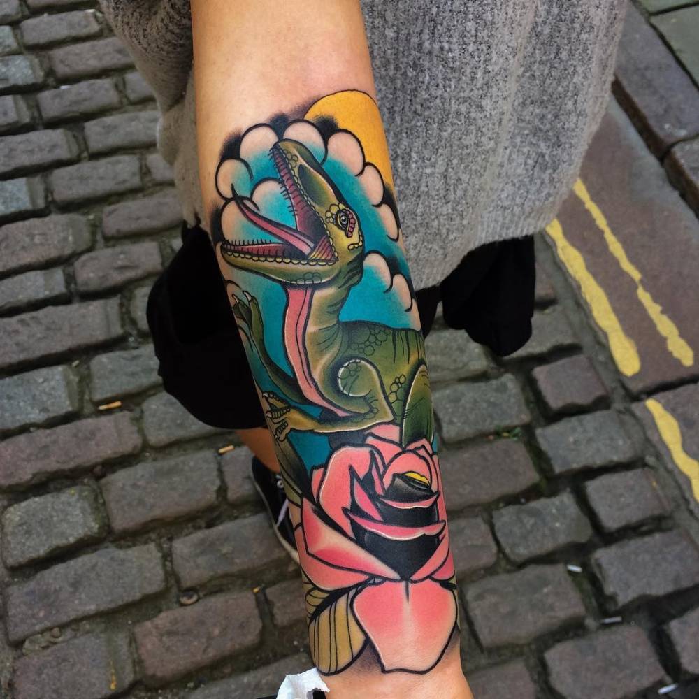 Neotraditional Style Raptor And Pink Rose Tattoo On The 1000_x_1000_jpg