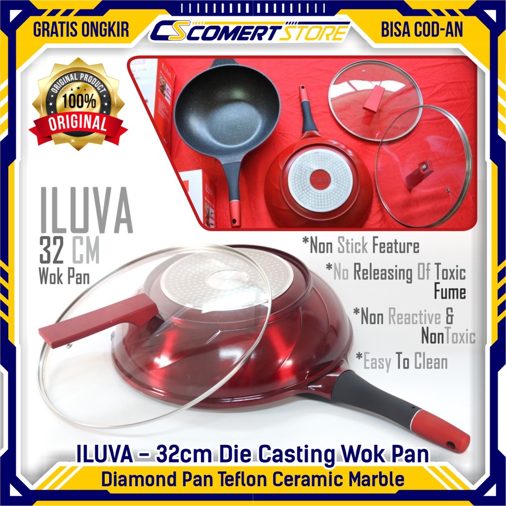 TERMURAH | ILUVA - 32cm Die Casting Wok Pan Diamond Pan Teflon Ceramic  Marble | Teflon Lengkap | Shopee Indonesia