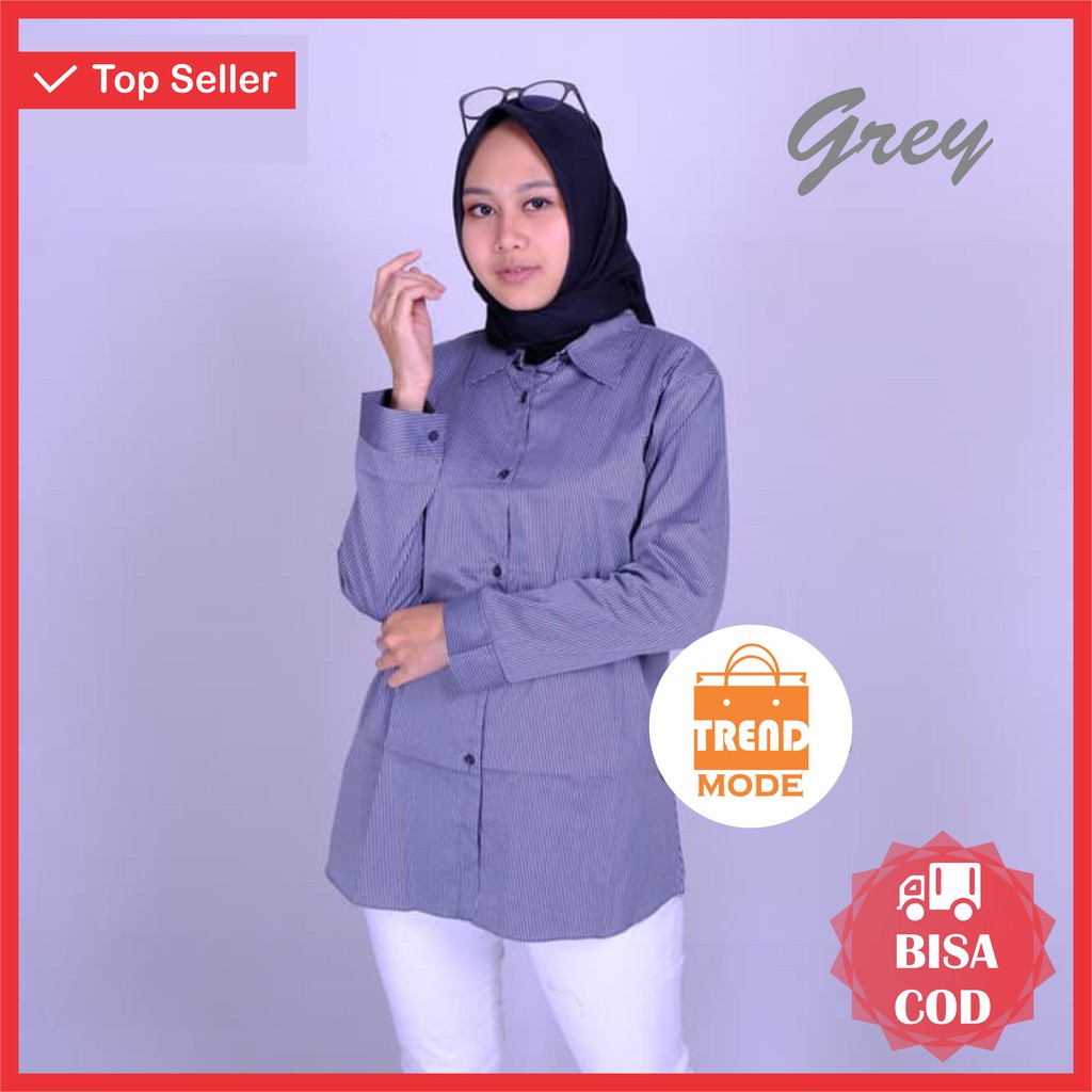 Jual Kemeja Salur Stripe | Kemeja Polos Wanita Lengan Panjang | Baju Kerja  Wanita Muslim | ngeTRend Mode Indonesia|Shopee Indonesia
