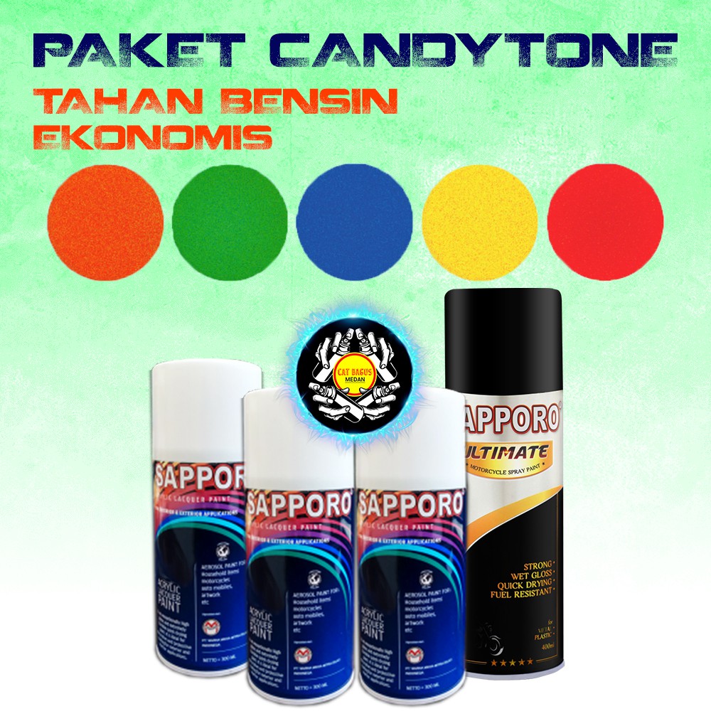 PAKET TAHAN BENSIN CAT SEMPROT SAPPORO CANDY CANDYTONE MERAH KUNING HIJAU  BIRU PILOK PYLOX DITON | Shopee Indonesia