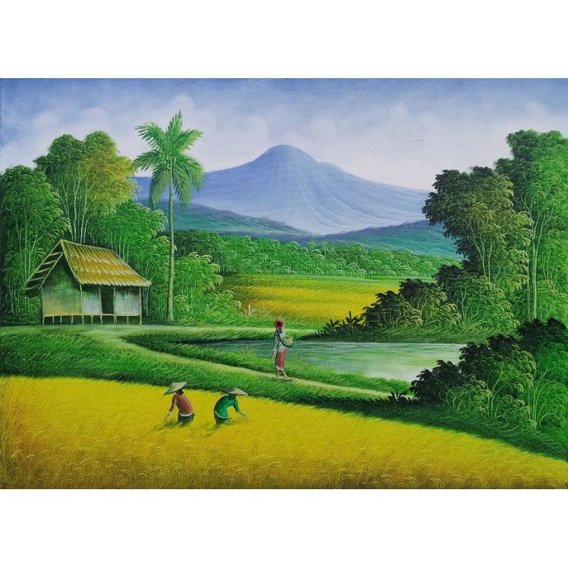 Jual Lukisan Pemandangan Sawah Panen Alam Pegunungan Lukisan Feng Shui Lukisan Bali Indonesia|Shopee Indonesia 800_X_800_jpg