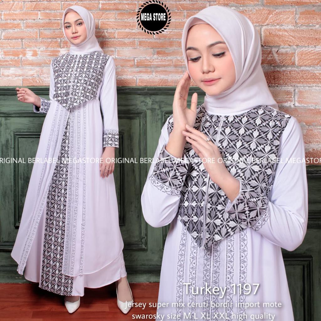 Jual Gamis Jersey putih 1197 bordir ceruty baju busana pengajian adem  nyaman murah mewah cantik besar Indonesia|Shopee Indonesia