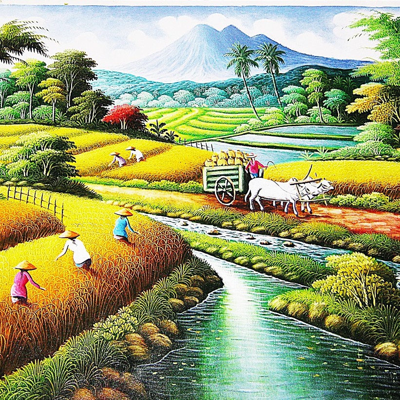 Lukisan Pemandangan Sungai, Pegunungan dan Panen Padi Dengan Gerobak Sapi |  Shopee Indonesia