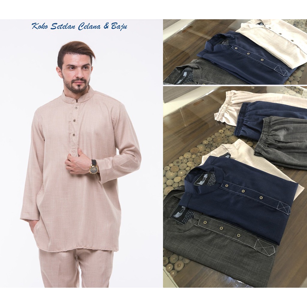 Baju koko Setelan Baju dan Celana Set Warna Cream bahan Cotton 3 Warna  Pilihan | Shopee Indonesia