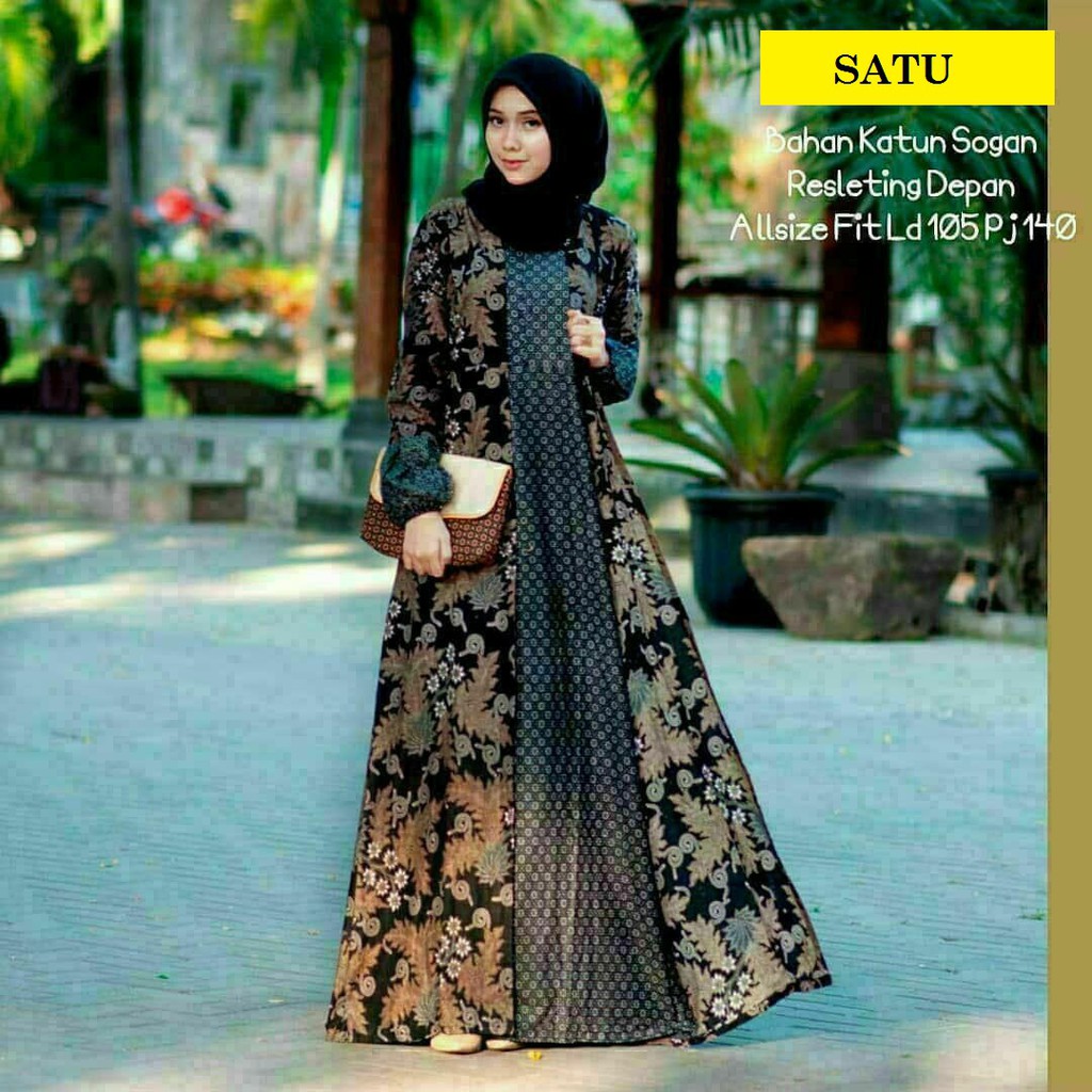 Gamis Batik Syari Sogan Kombinasi Trendy Modern | Shopee Indonesia