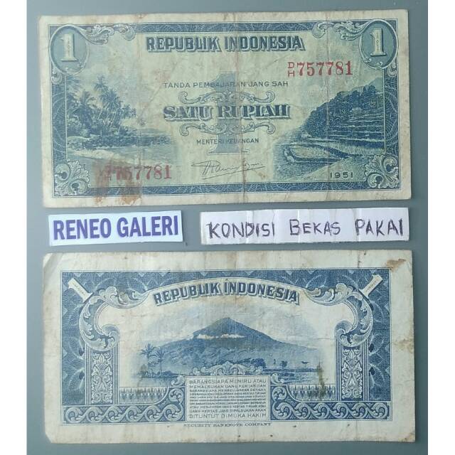 Jual Rp 1 Rupiah Tahun 1951 - 1953 seri pemandangan alam Uang kertas kuno  duit jadul lama lawas asli Indonesia|Shopee Indonesia