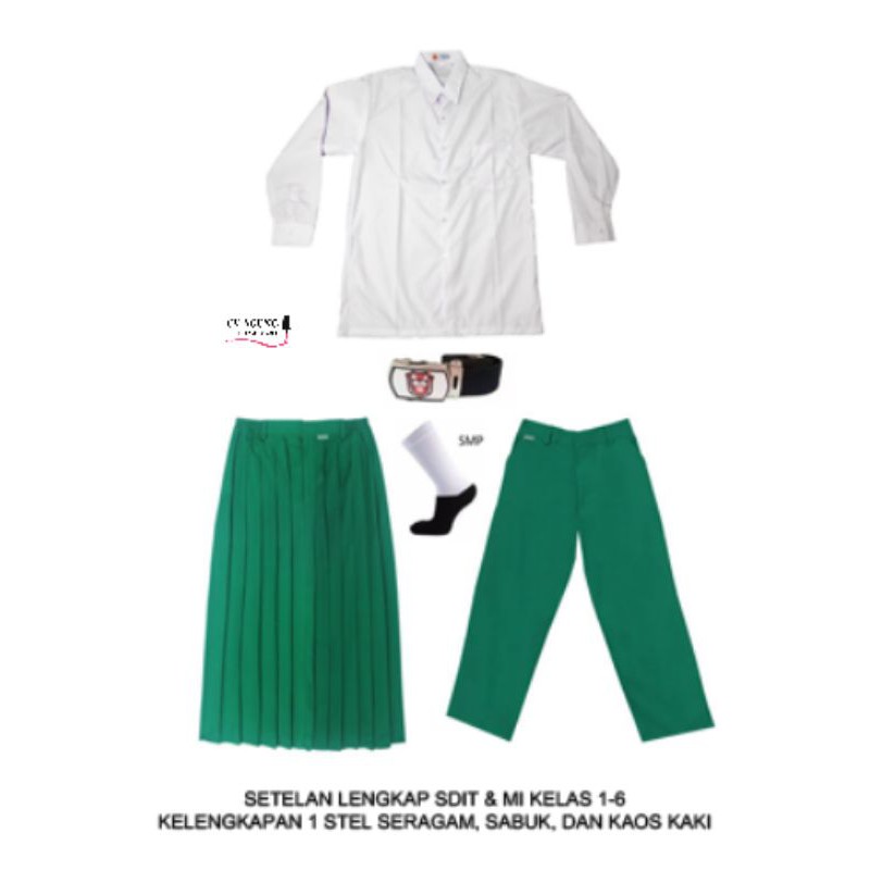 Jual Setelan Lengkap Seragam Sekolah Anak Madrasah Ibtidaiyah / Setelan Seragam  Sekolah Kemeja Putih Lengan Panjang Celana Panjang Hijau Dan Rok Rempel /  Plisket Panjang Hijau Indonesia|Shopee Indonesia