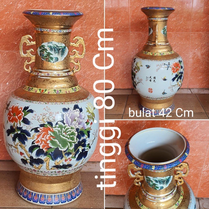 PROMO BIG SALE 10.10 GUCI KERAMIK GUCI ANTIK IMPORT BAGUS MURAH PUTIH MOTIF  EMAS BUNGA | Shopee Indonesia