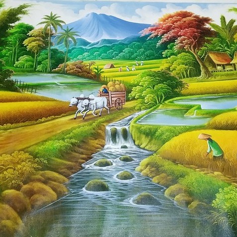 Jual Lukisan Pemandangan Alam Panen Padi Dengan Air Dan Sungai Yang Indah Indonesia|Shopee Indonesia 477_X_477_jpg