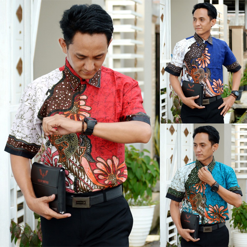 TROLISTORE grosir batik pria motif new sekar warna merah biru toska hijau  lengan pendek seragam | Shopee Indonesia
