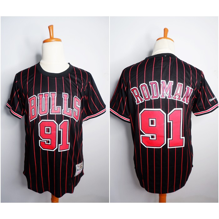 JERSEY BASKET BERLENGAN SLEEVE BULLS #91 DENNIS RODMAN HITAM GARIS  MITCHELL&amp;NESS | Shopee Indonesia