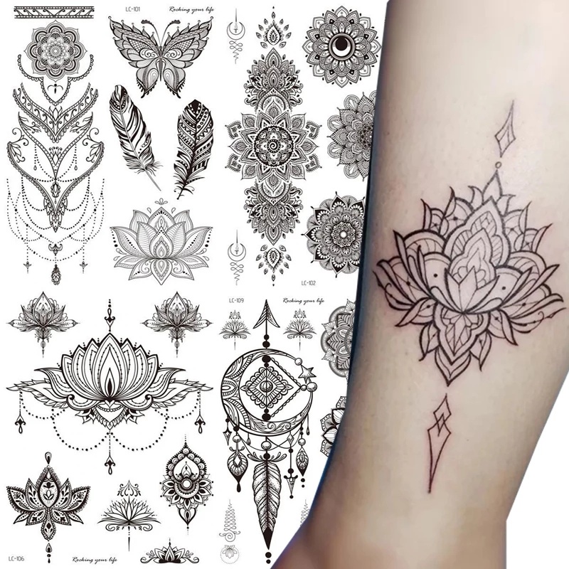 Waterproof Mandala Sexy Feather Tattoo Stickers Temporary Lotus Flower-Girls Tatoo Henna-Pattern Tattoo Sticker | Shopee Philippines 800_x_800_jpg