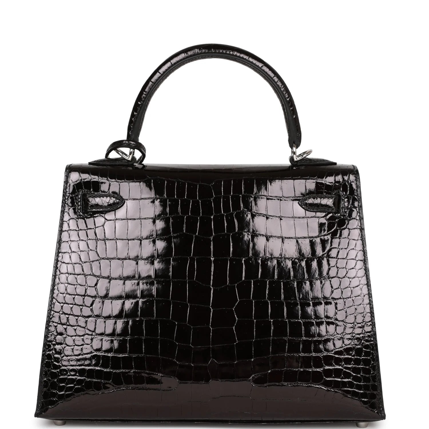 Her Kelly Sellier 25 Black Shiny Porosus Crocodile Palladium Hardware