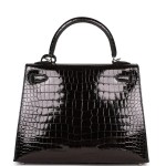 Her Kelly Sellier 25 Black Shiny Porosus Crocodile Palladium Hardware