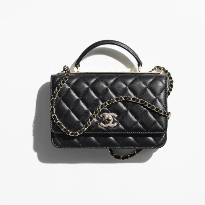 WALLET ON CHAIN Lambskin, Strass & Gold-Tone Metal Black