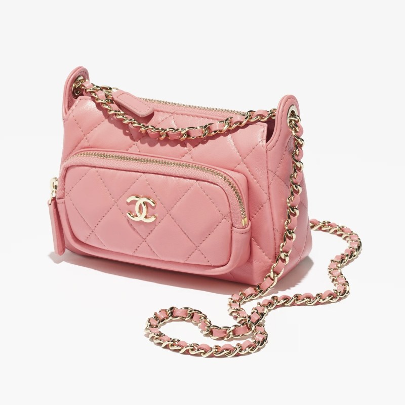CLUTCH WITH CHAIN Shiny Crumpled Lambskin & Gold-Tone Metal Light Pink