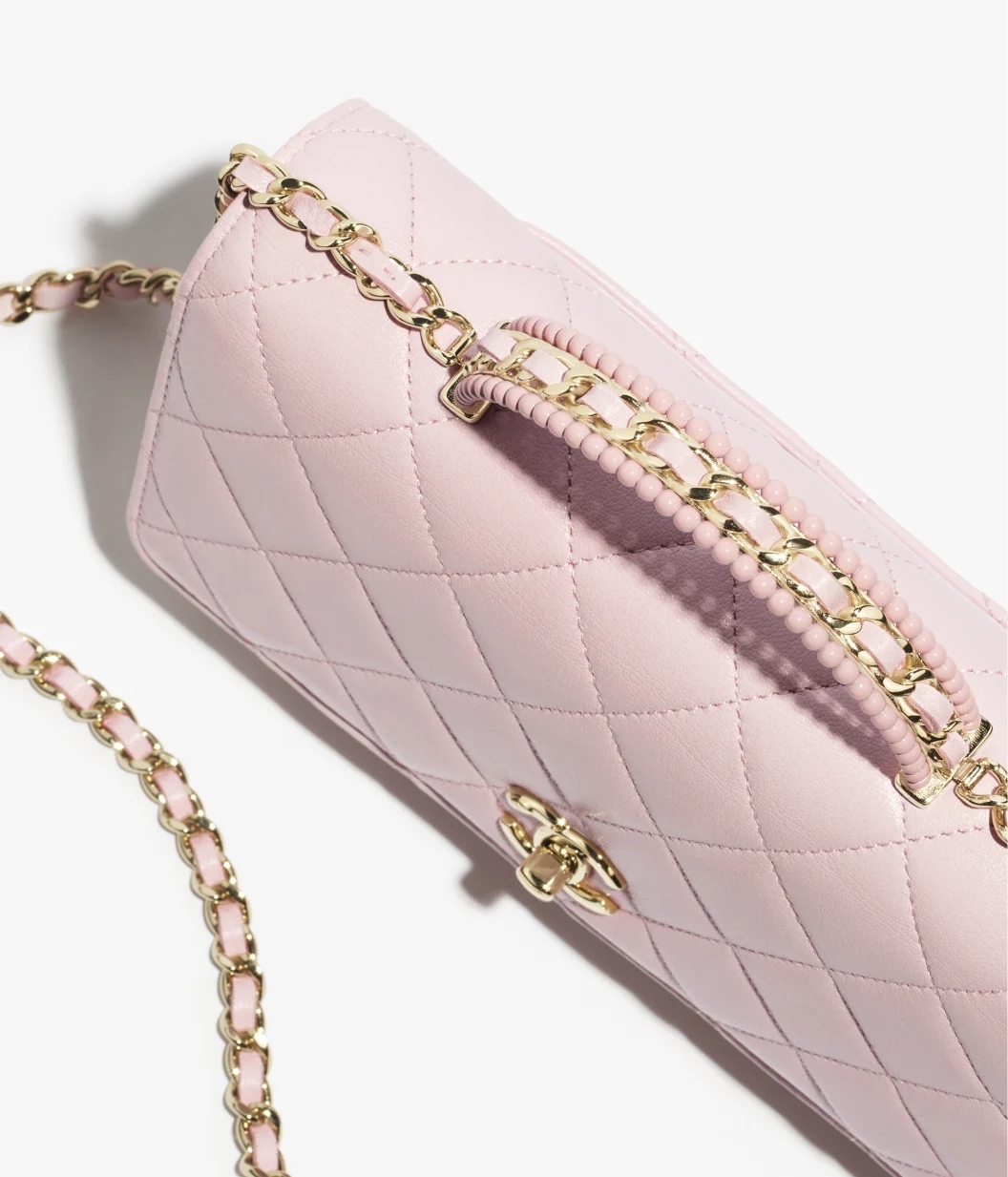 WALLET ON CHAIN Lambskin, Imitation Pearls & Gold-Tone Metal Light Pink