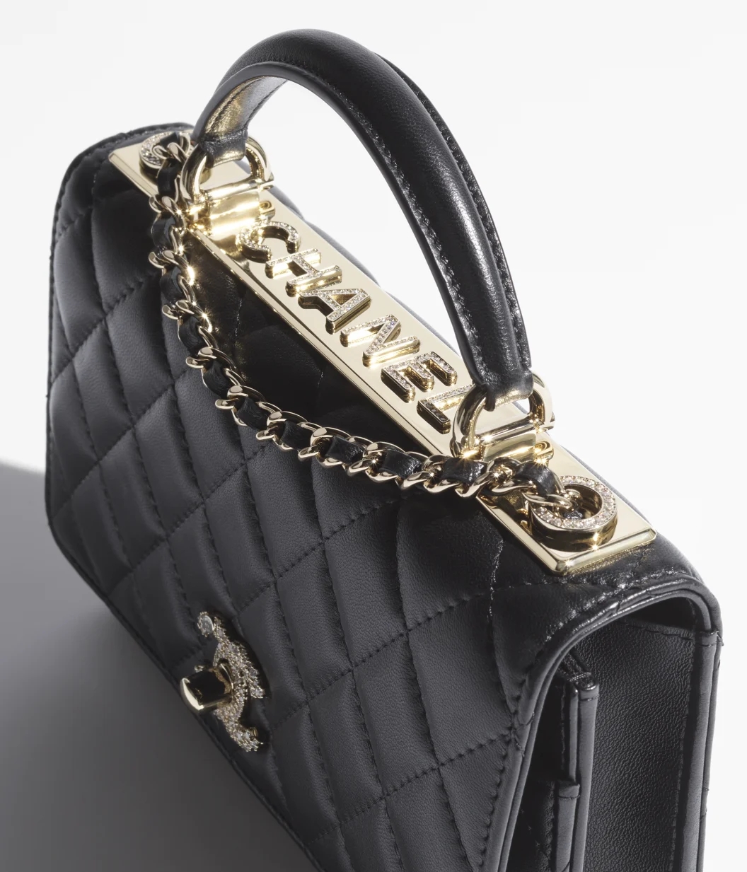 WALLET ON CHAIN Lambskin, Strass & Gold-Tone Metal Black