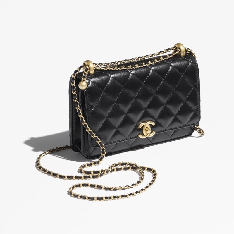 WALLET ON CHAIN Shiny Calfskin & Gold-Tone Metal Black