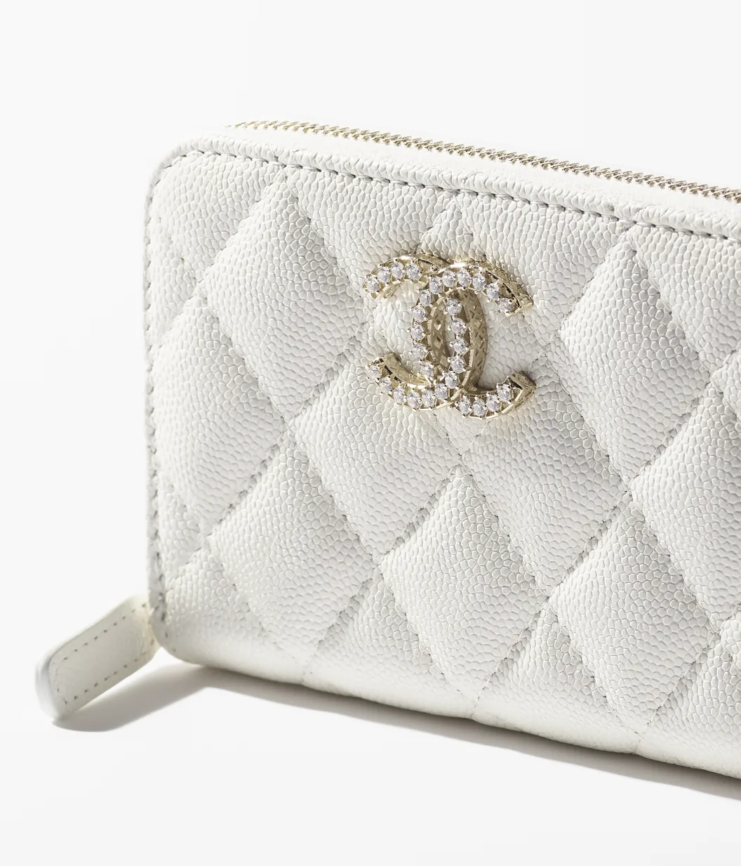 ZIPPED COIN PURSE Shiny Grained Calfskin, Strass & Gold-Tone Metal White