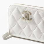 ZIPPED COIN PURSE Shiny Grained Calfskin, Strass & Gold-Tone Metal White