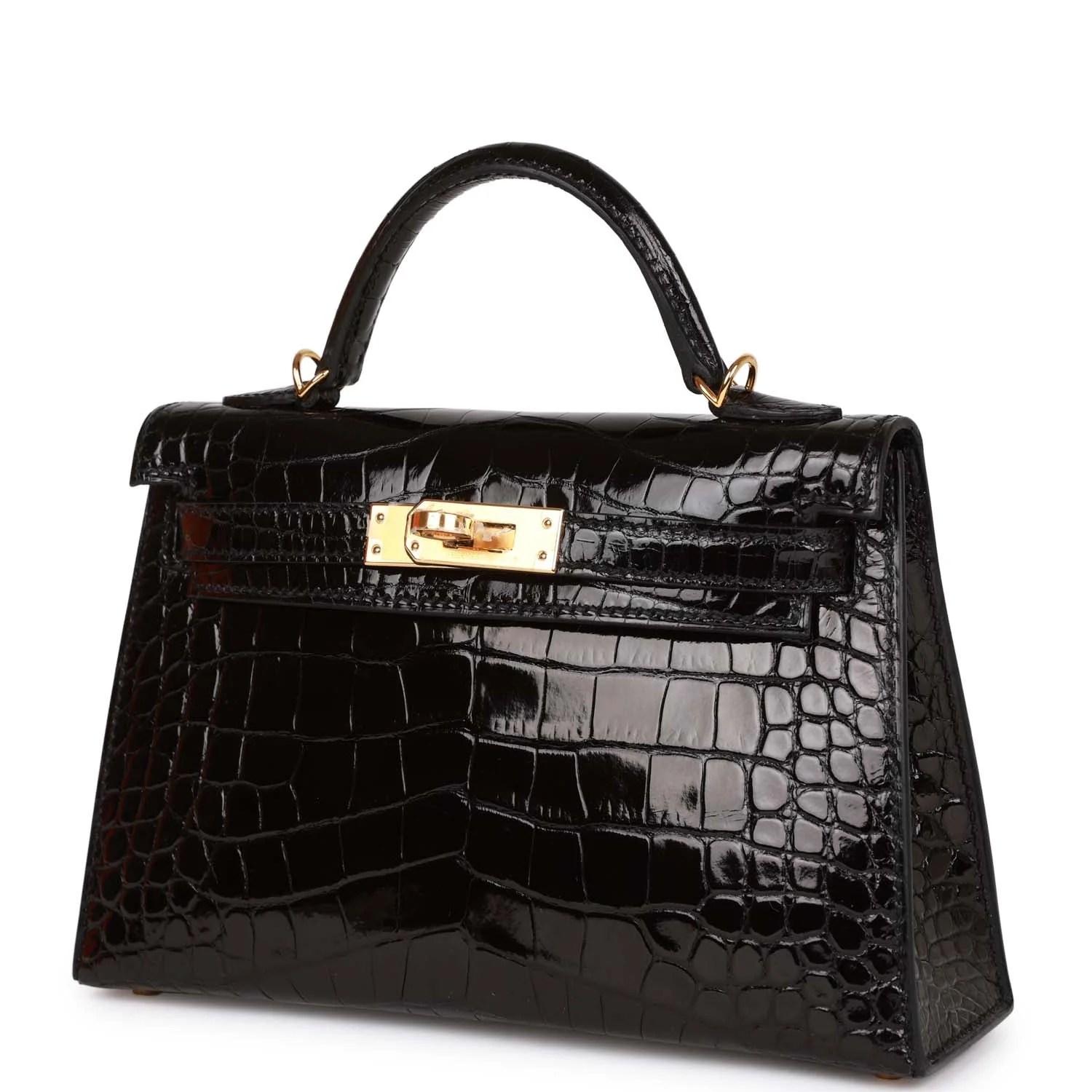 Her Kelly Sellier 20 Black Shiny Alligator Gold Hardware