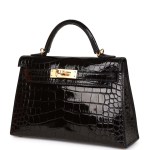 Her Kelly Sellier 20 Black Shiny Alligator Gold Hardware