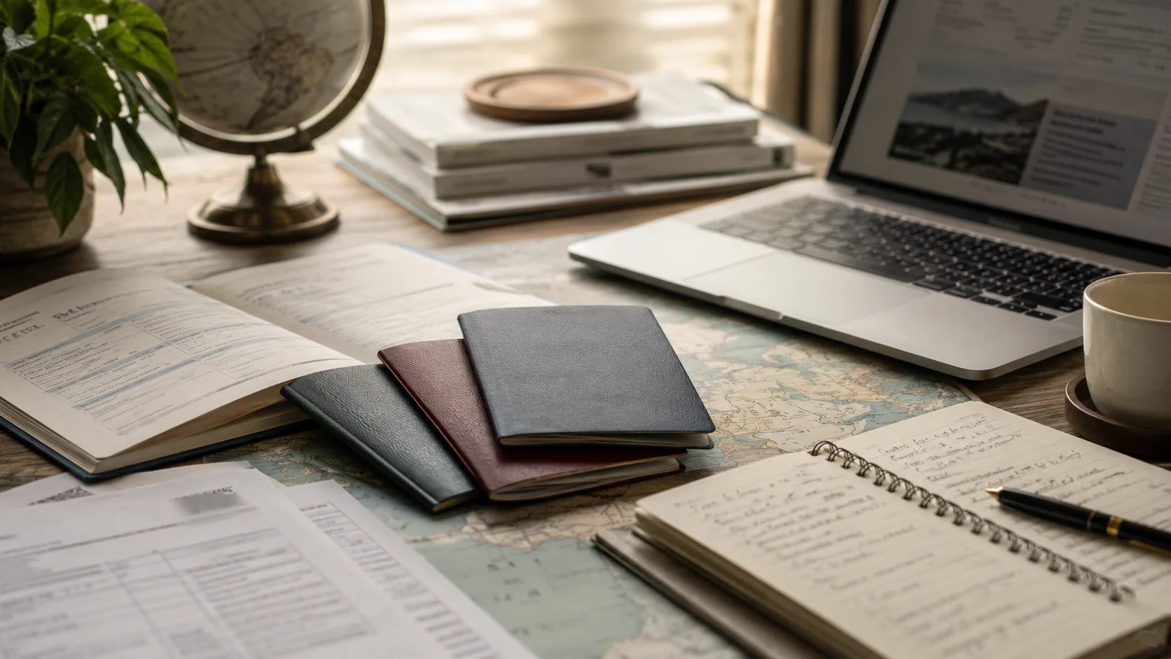 Country comparison notes, application checklists, passports, highlighted documents, and a world map