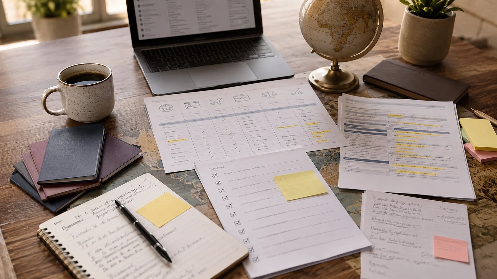 Passports, visa documents, a world map, laptop, and organized research notes on a clean desk