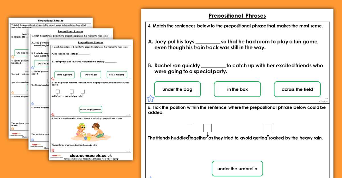 Year 4 Prepositional Phrases Homework Extension Noun Phrases | Classroom Secrets 627_x_1200_png