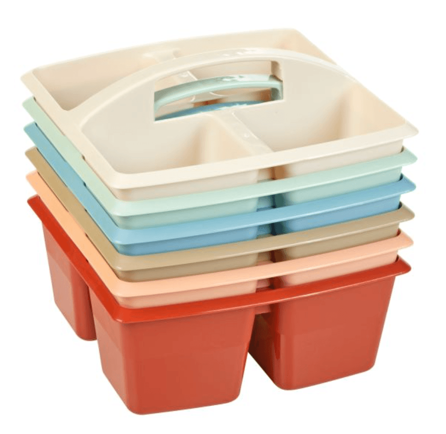 Stack of colorful Four Equal Compartment Caddies from Really Good Stuff for classroom organization for technology accessories and everyday supplies