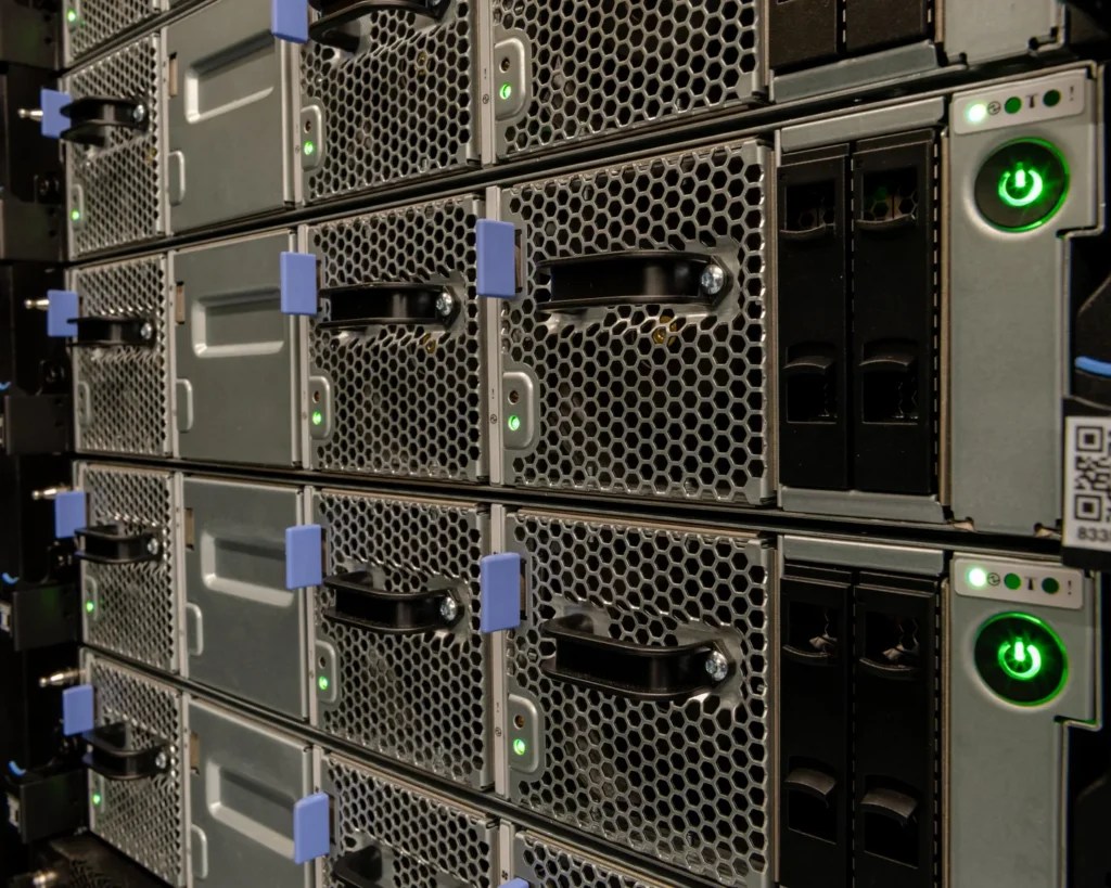 Close-up of equipment racks in the Summit supercomputer at Oak Ridge National Laboratory