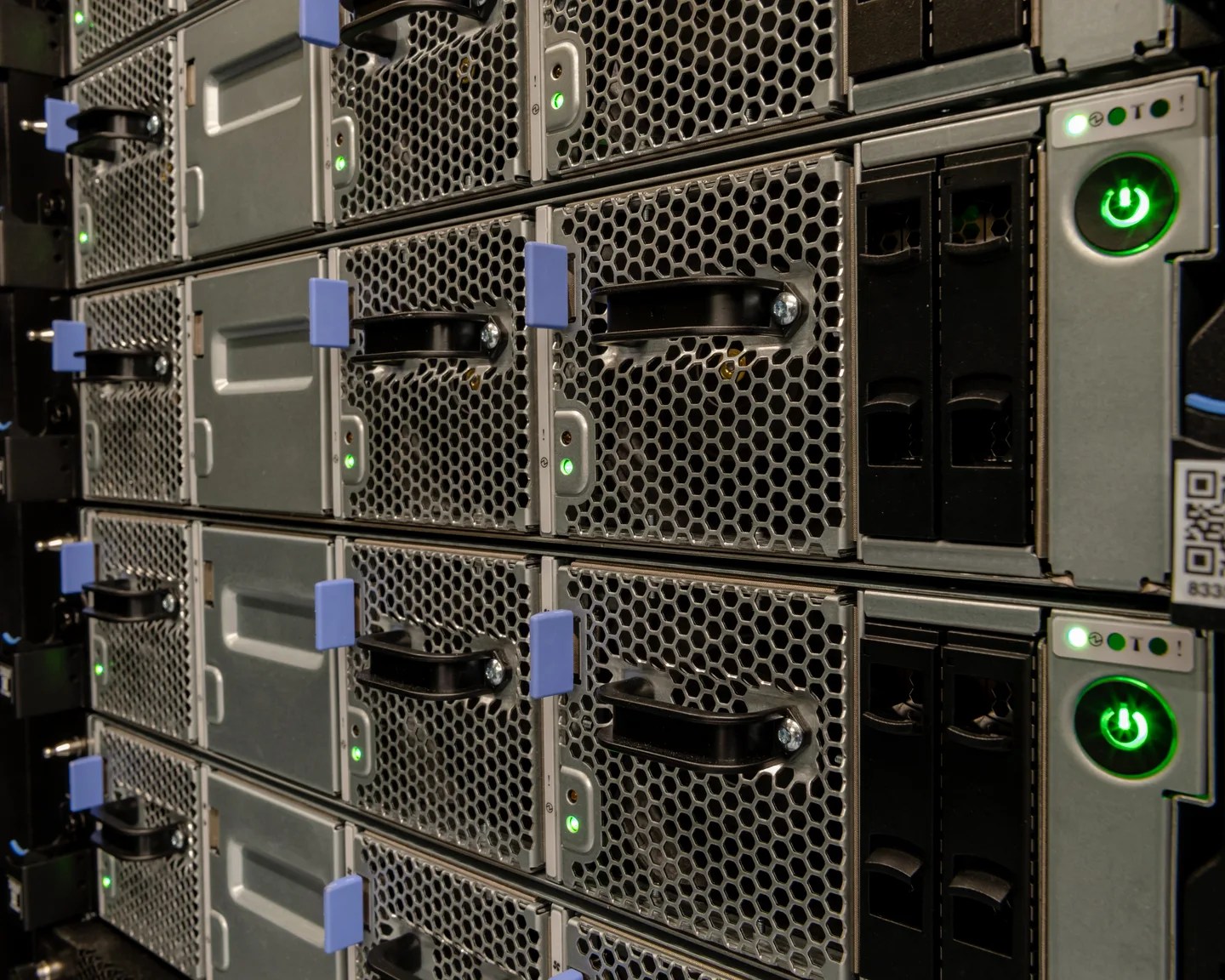 Close-up of equipment racks in the Summit supercomputer at Oak Ridge National Laboratory