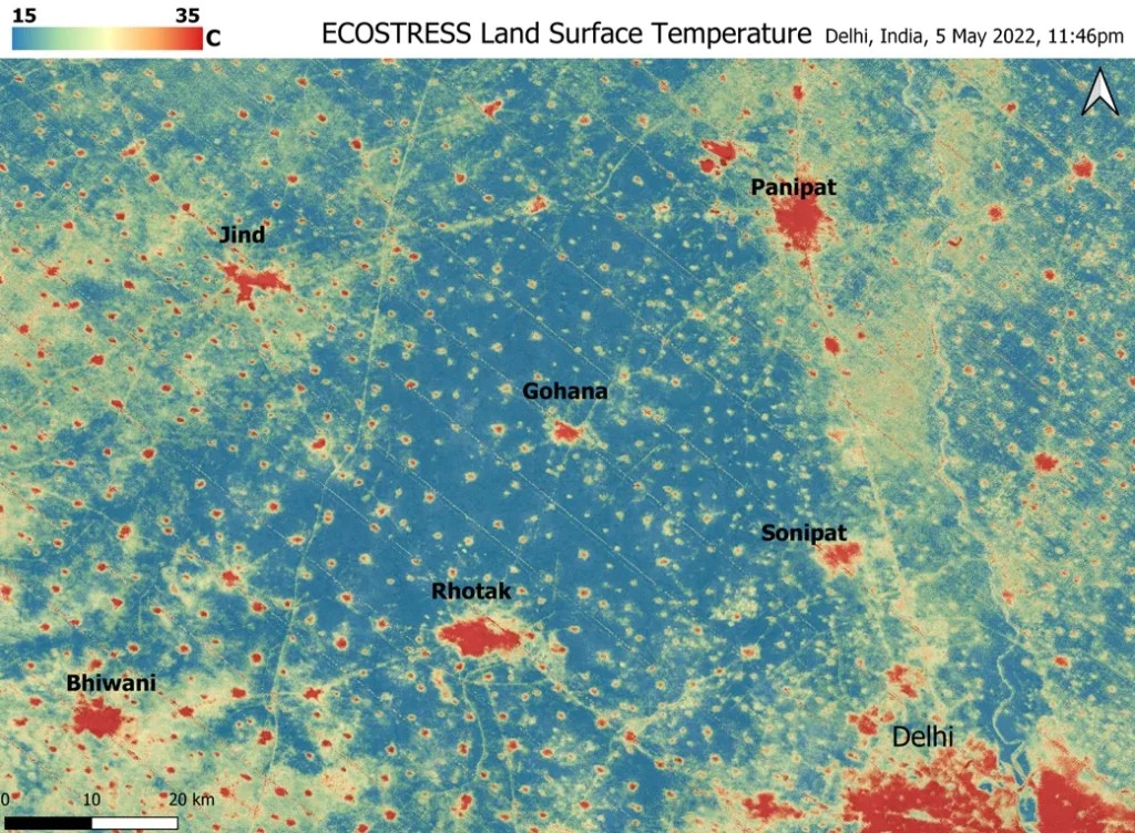ECOSTRESS map of nighttime ground temperatures around Delhi on May 5, 2022