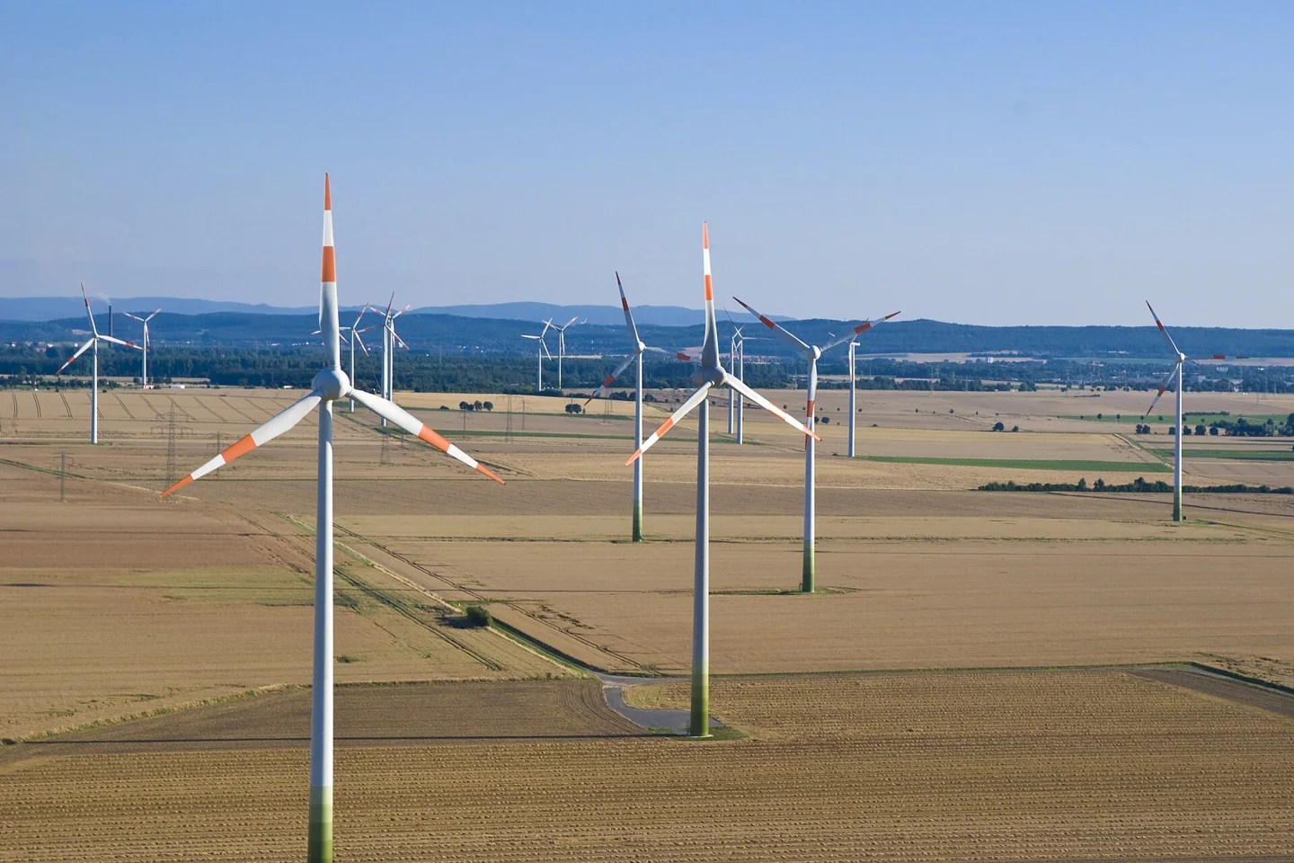 Wind turbines in agricultural fields in Lower Saxony, Germany