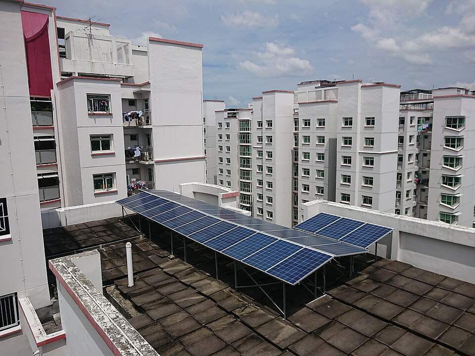 Solar panels on the roofs of HDB housing blocks in Punggol, Singapore