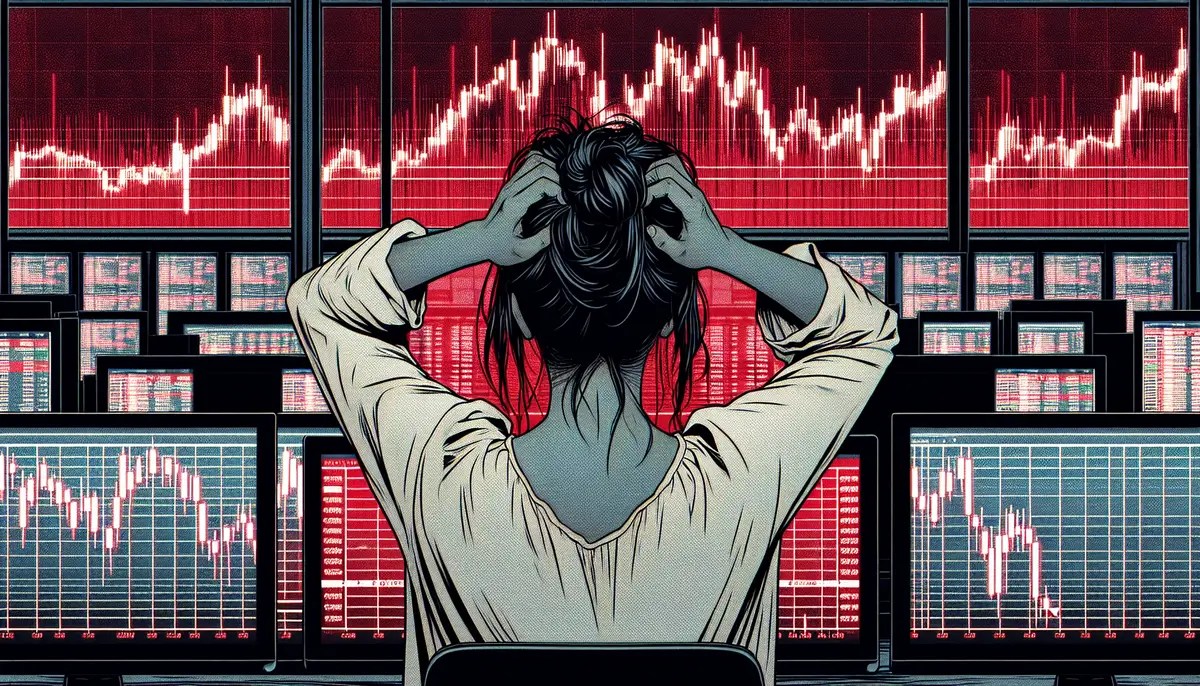 crypto trader losing money, red screen and arrows