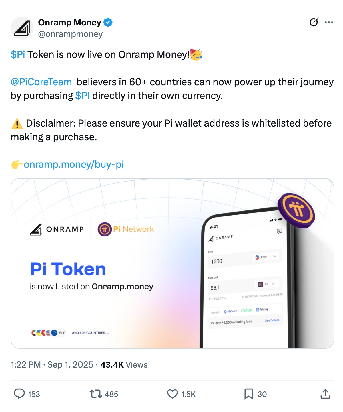 OnRamp Lists Pi Network