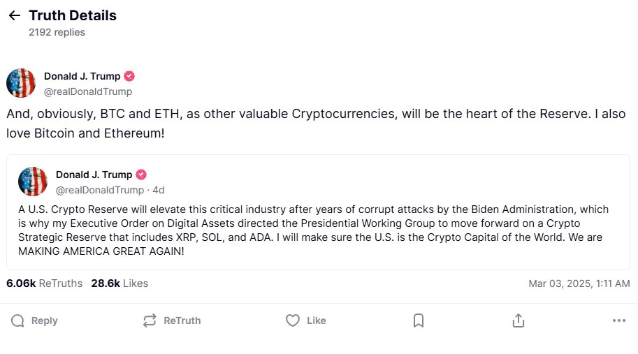 Truth post of President Donald Trump