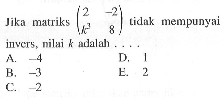 Jika matriks (2 -2 k^3 8) tidak mempunyai invers, nilai k&hellip;