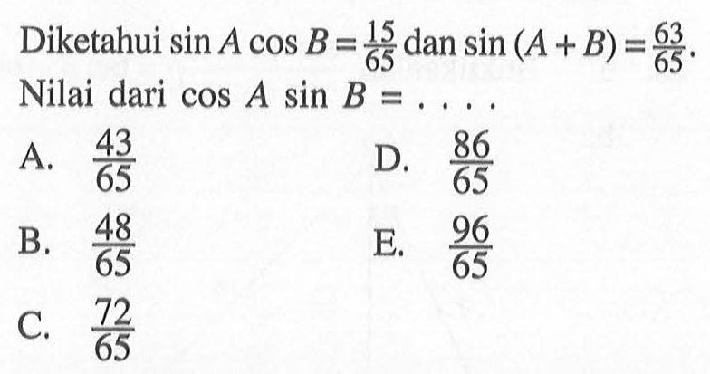 Nilai dari (cos 75-cos 15)/(sin 75-sin 15) adalah &hellip;.