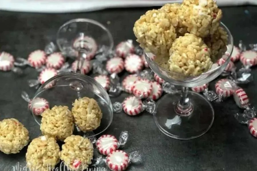 Rice krispie balls with peppermint candy.