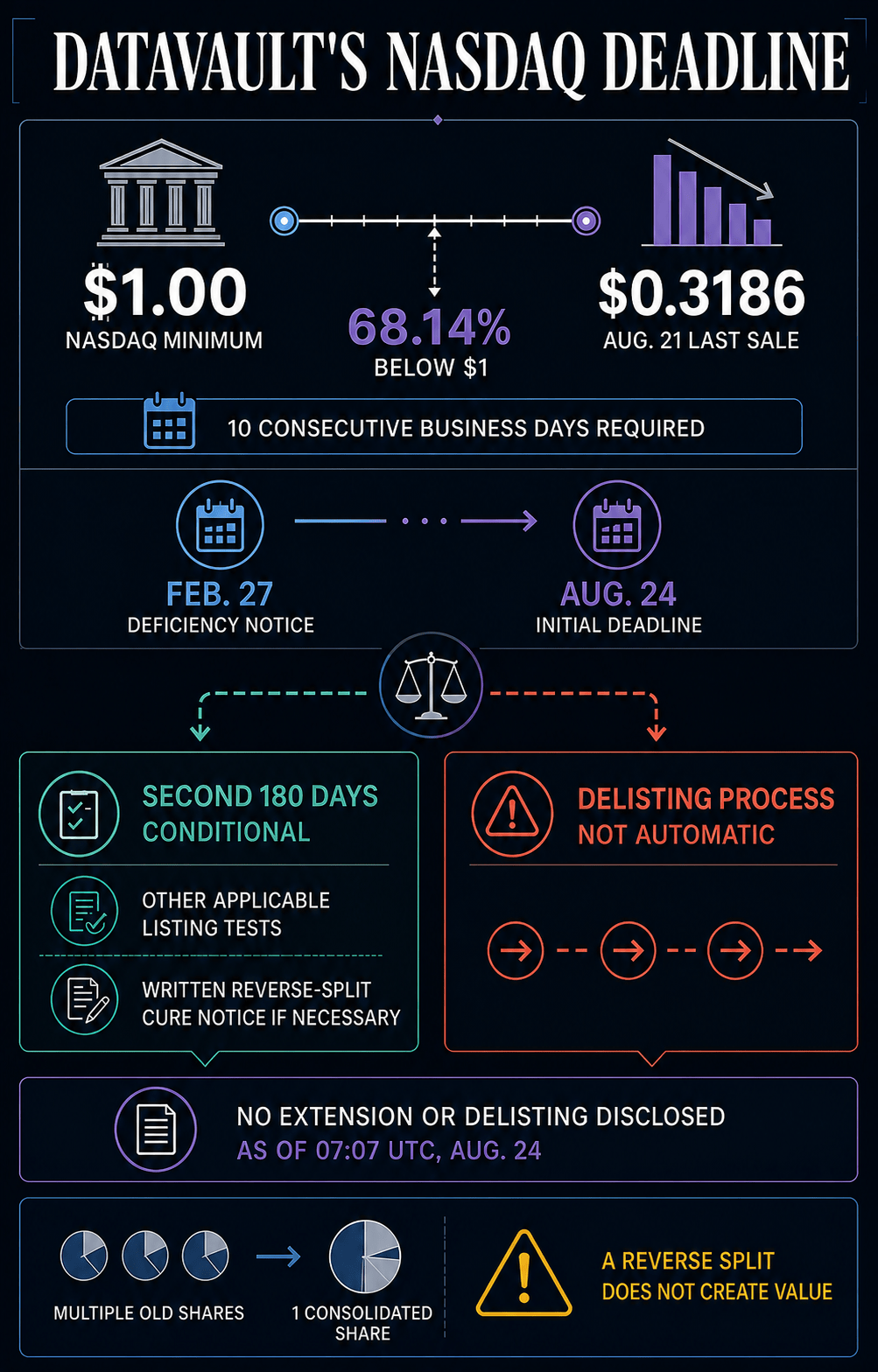 Datavault Nasdaq deadline infographic comparing the $1 minimum with DVLT's $0.3186 Aug. 21 last sale and outlining the conditional extension or delisting process
