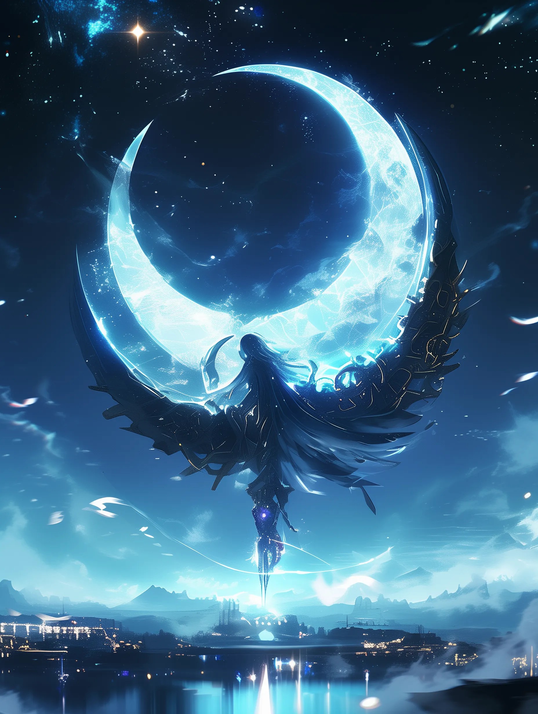 空に舞うかっこいい氷の月｜イラスト・フリー素材なら「シンテリ」