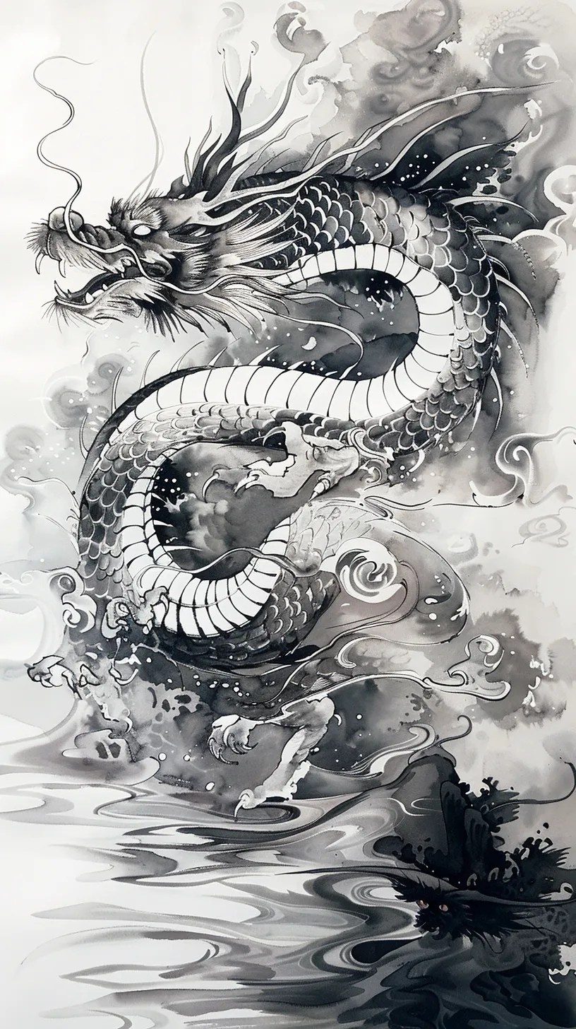 湖畔を舞う龍の水墨画｜イラスト・フリー素材なら「シンテリ」