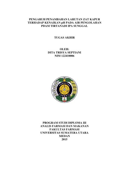 Pengaruh Penambahan Larutan Zat Kapur Terhadap Kenaikan pH Pada Air  Pengolahan PDAM Tirtanadi IPA Sunggal
