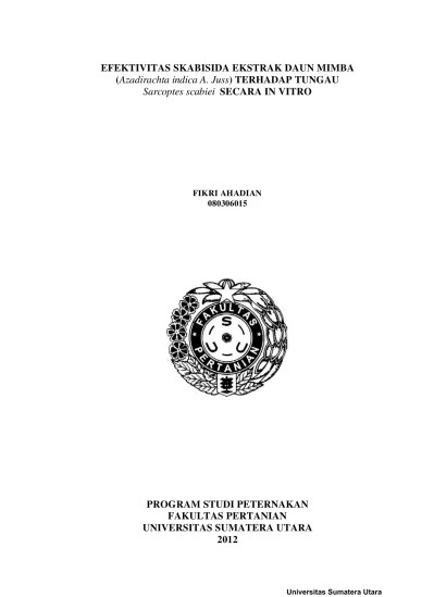 Efektivitas Skabisida Ekstrak Daun Mimba (Azadirachta Indica A. Juss)  Terhadap Tungau Sarcoptes Scabiei Secara In Vitro